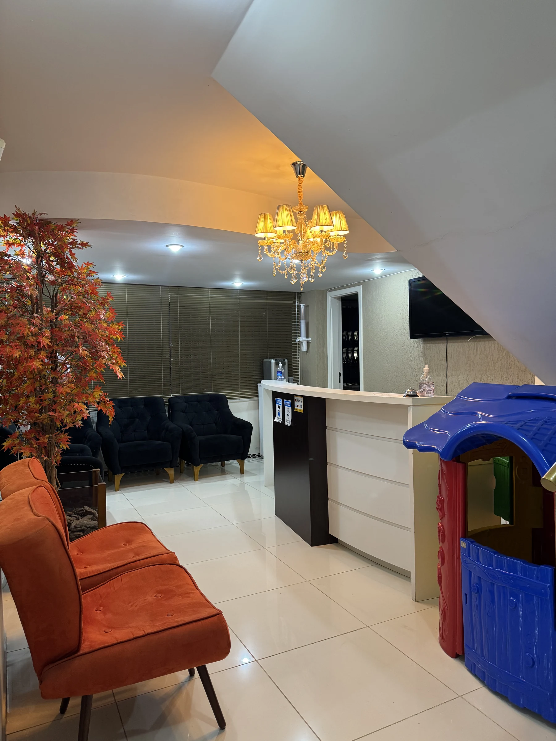 Recepção do consultório da Dra. Rosângela Muniz Soares, com poltronas, balcão de atendimento e sala de espera