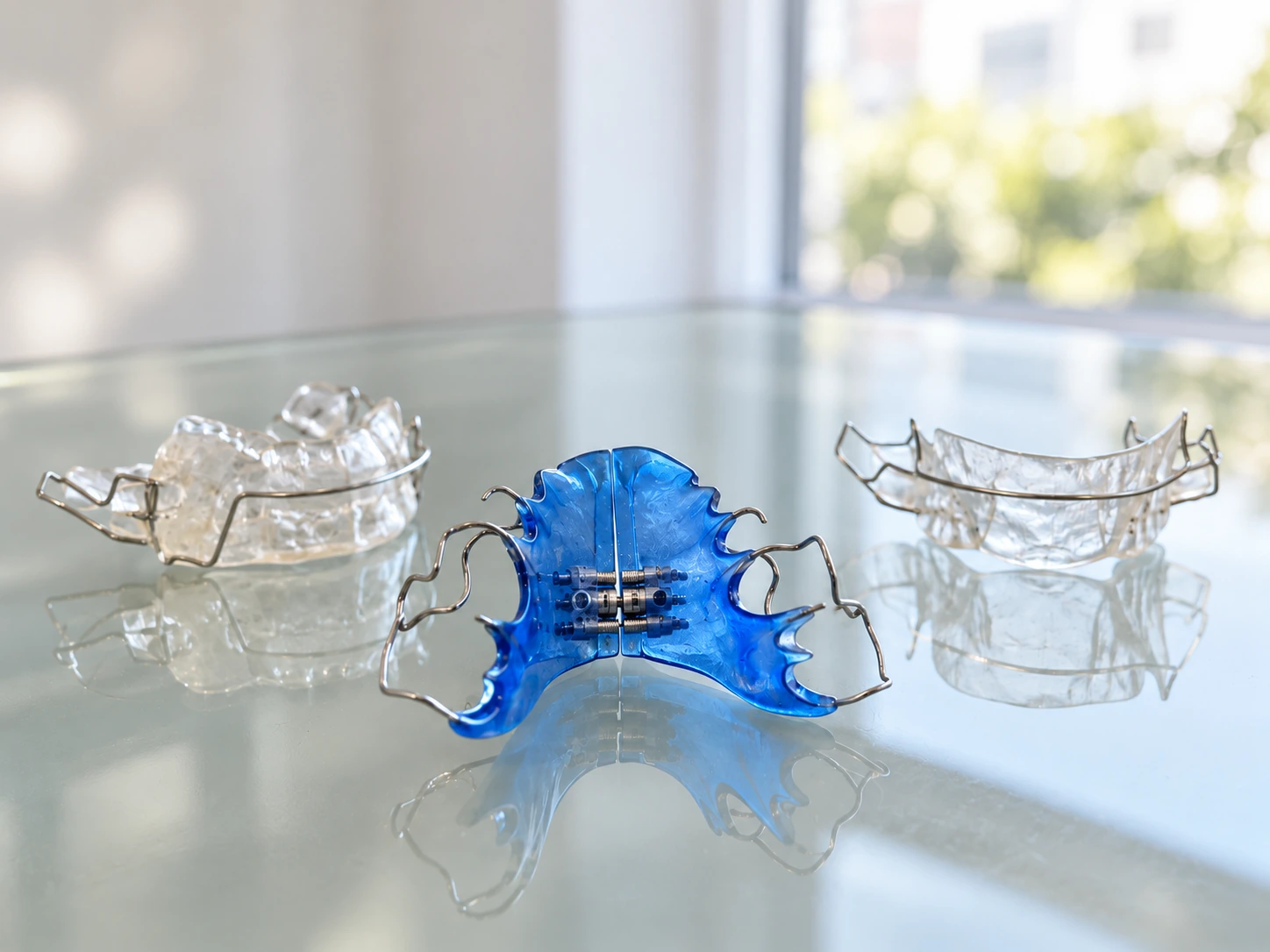 Três aparelhos ortopédicos removíveis sobre a mesa: dois transparentes e um azul com parafuso expansor